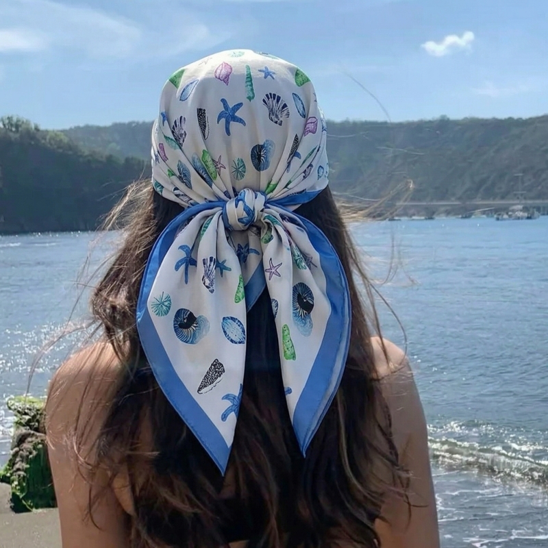 Face Scarf Mask - Women Silk Feeling Square Scarf Ocean
