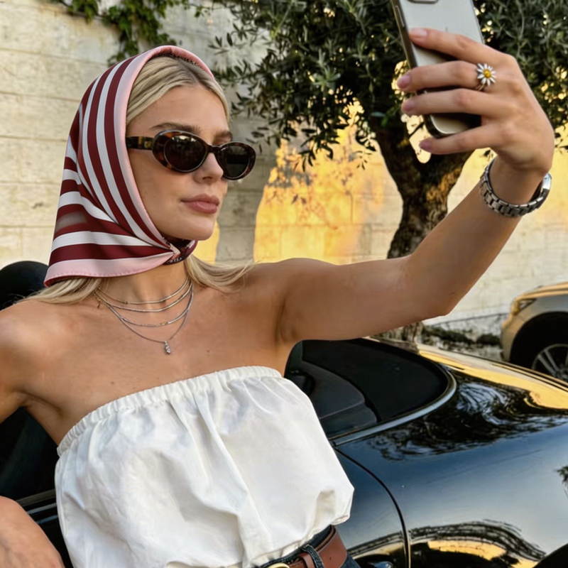 Face Scarf Mask - Satin Silk Geometric Stripe Print Square