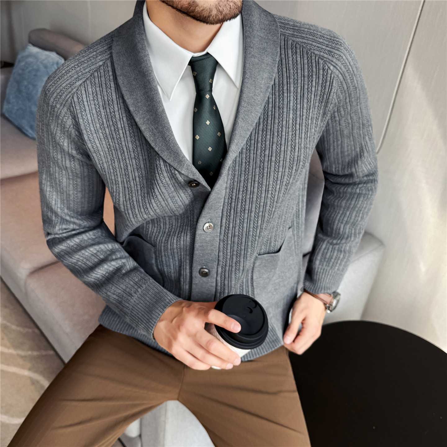Men's Shawl Collar Knit Cardig - Muffler Men Wool incelemesi ve fiyatı