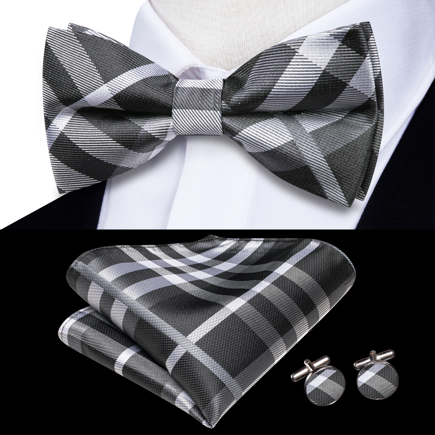 Hi-Tie Grey Plaid Jacquard Sil - Bow Tie Pre Tied incelemesi ve fiyatı